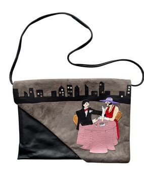 Vintage-Inspired Appliqué Cityscape Crossbody Bag in Gray & Black